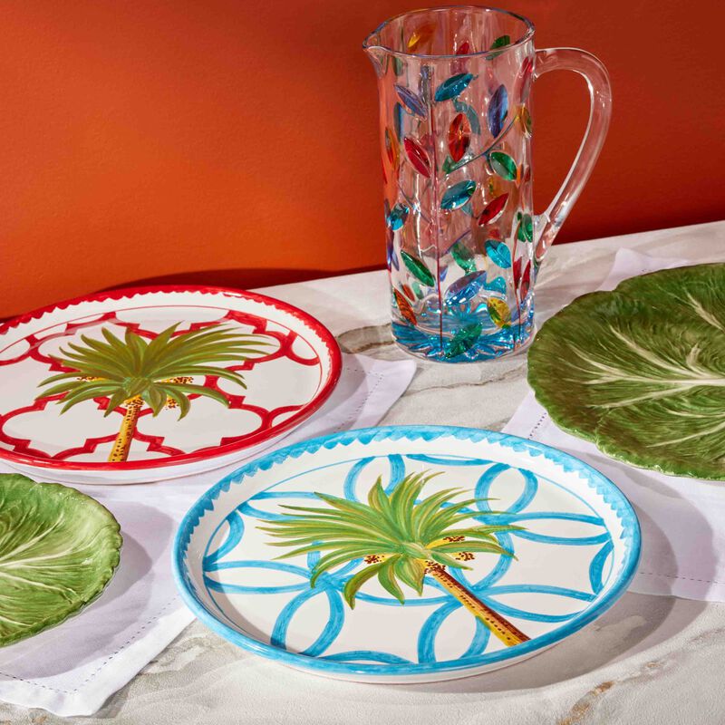 لي أوتومان طبق دائري أزرق برسمة شجرة النخيل 28 سم