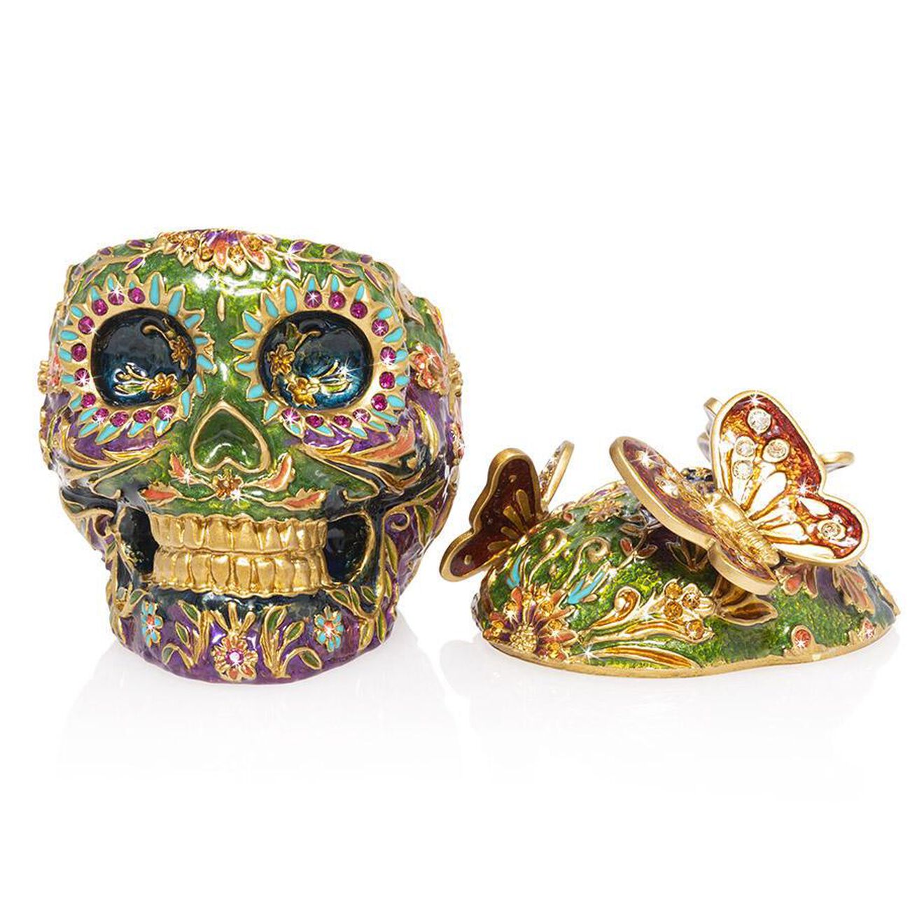 jay strongwater rivera skull with butterflies box green