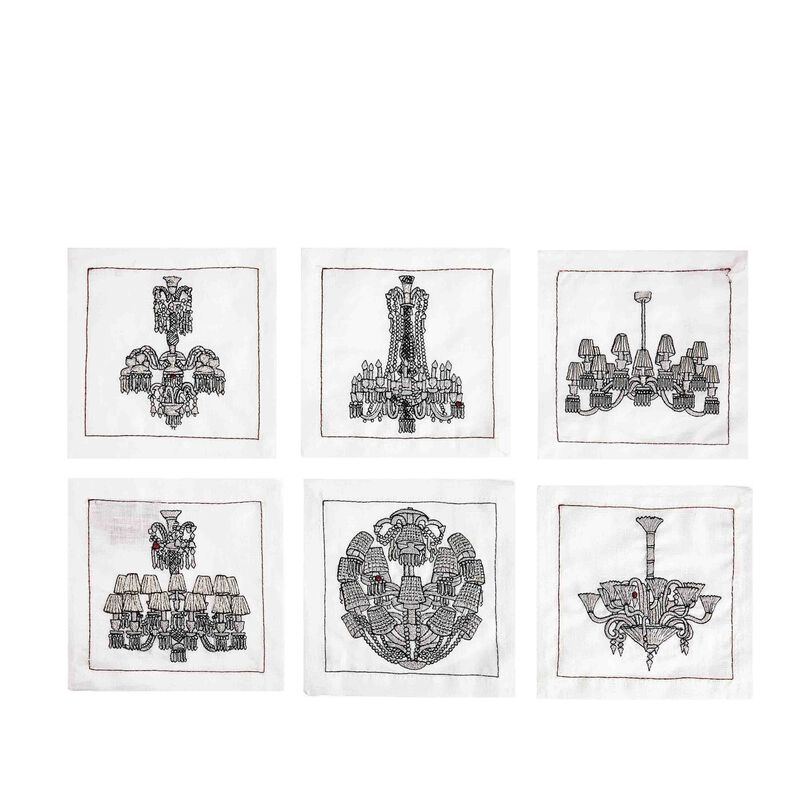 Chandeliers Cocktail Napkins in White & Gunmetal, Set of 6, large